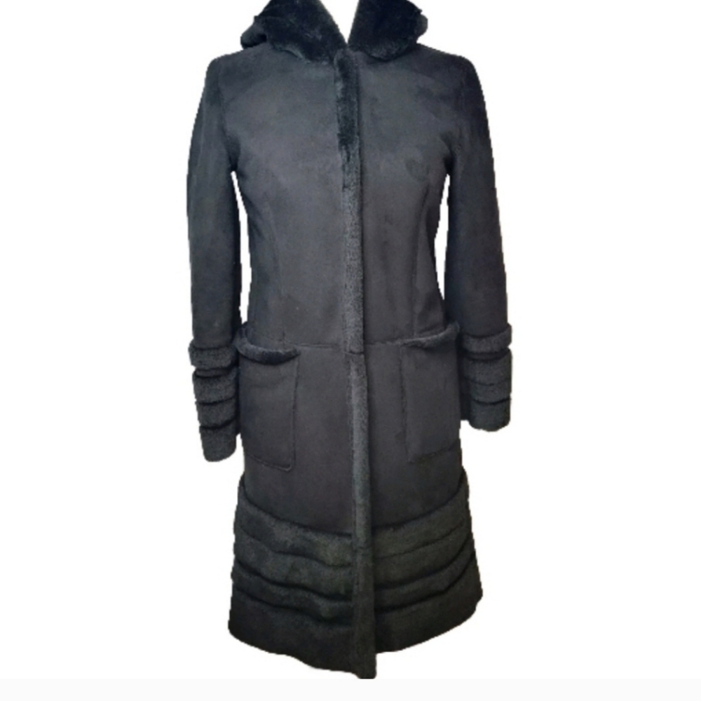 Penny Lane Black Medium Faux Sheepskin Fur Trim Fleece Lined Button Coat Hood